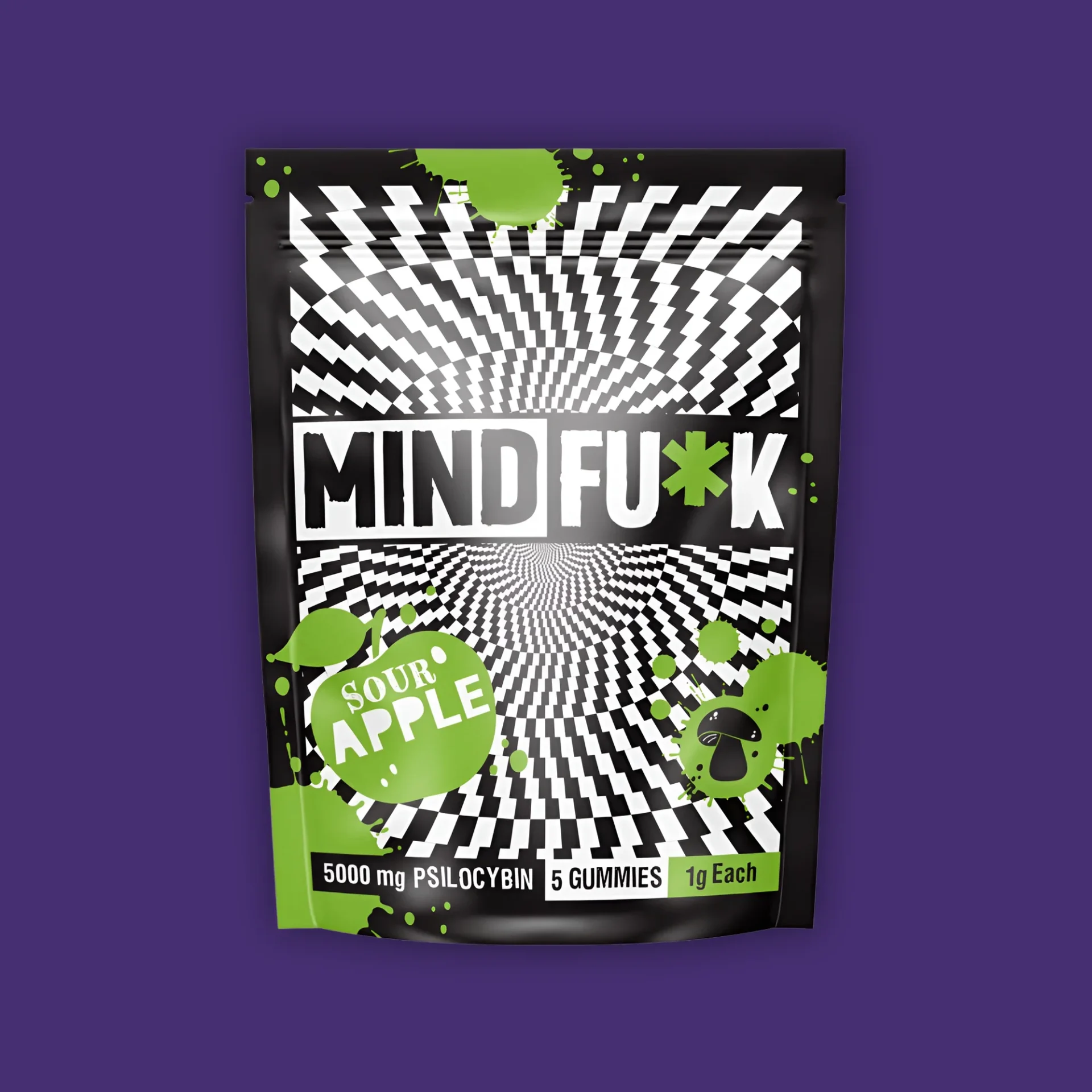 A bag of MindF*ck Sour Apple Gummies on a purple background. | Mush.City