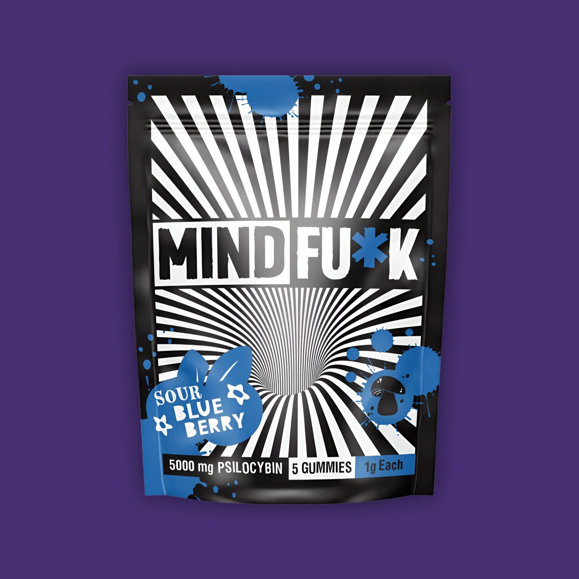 A bag of MindF*ck Sour Blueberry Gummies on a purple background. | Mush.City