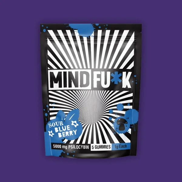 A bag of MindF*ck Sour Blueberry Gummies on a purple background. | Mush.City