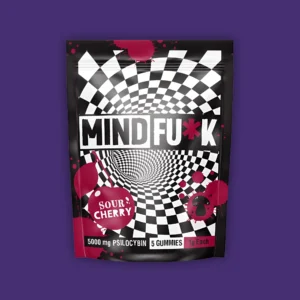 A MindF*ck Sour Cherry Gummies package with red and white design. | Mush.City