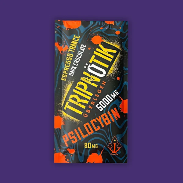 A Tripnotik Espresso Trance Dark Chocolate package with orange and blue text. | Mush.City