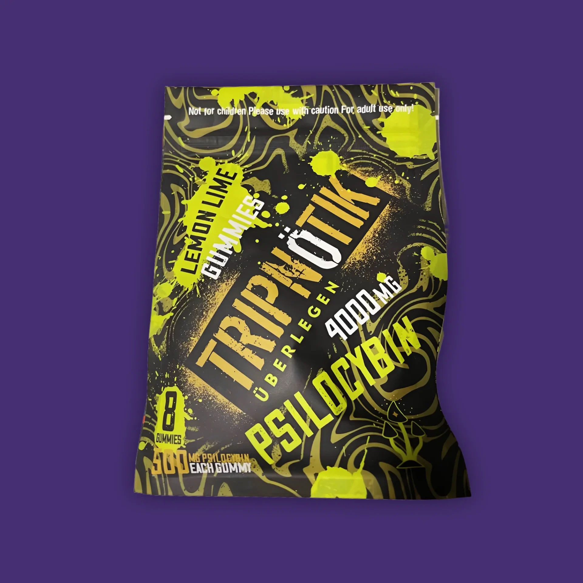 A bag of Tripnotik Lemon Lime Gummies, on a purple background. | Mush.City