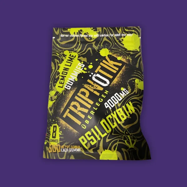 A bag of Tripnotik Lemon Lime Gummies, on a purple background. | Mush.City