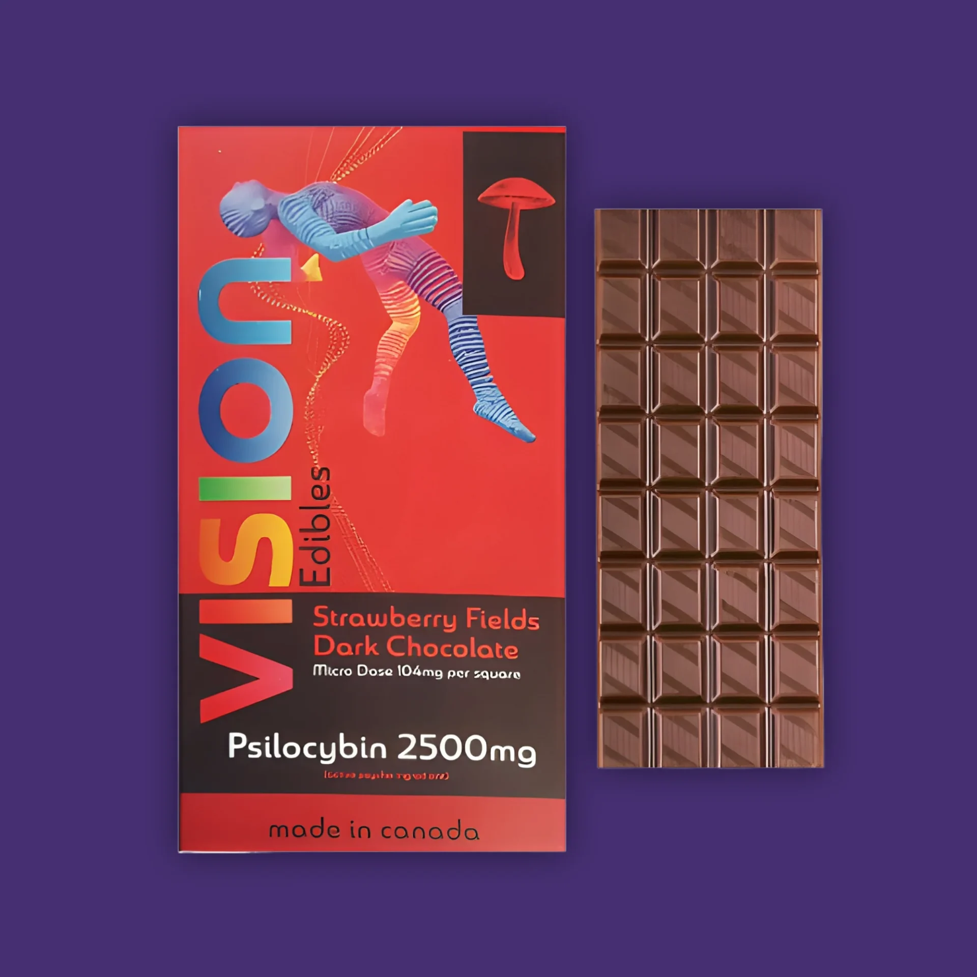 A Vision Edibles Strawberry Fields Dark Chocolate bar with a red and blue background. | Mush.City