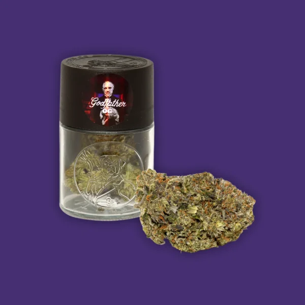 A Walt Herb Co Godfather OG - 7g Jar, placed next to a vibrant purple background. | Mush.City