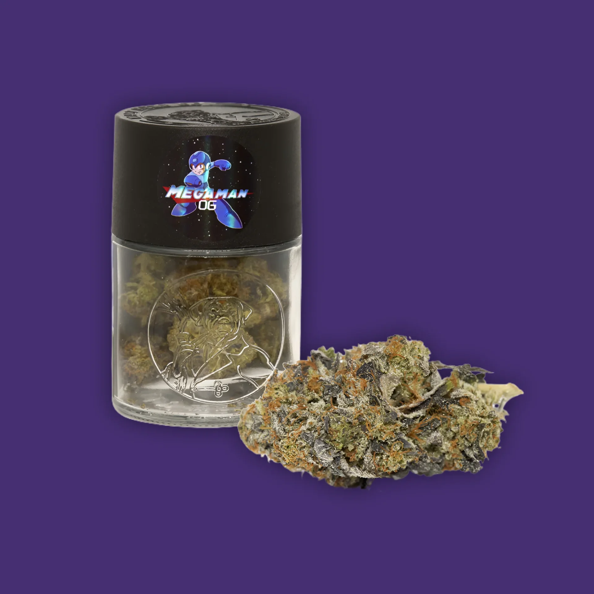 A Walt Herb Co Megaman OG - 7g Jar of marijuana on a purple background. | Mush.City