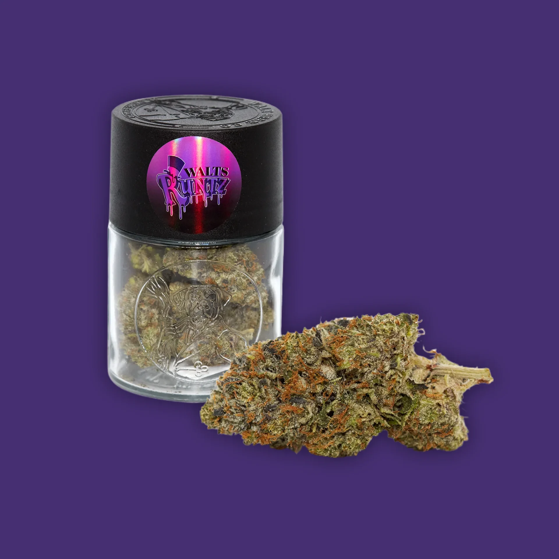 A 7g jar of Walt Herb Co Walts Runtz with a purple background. | Mush.City